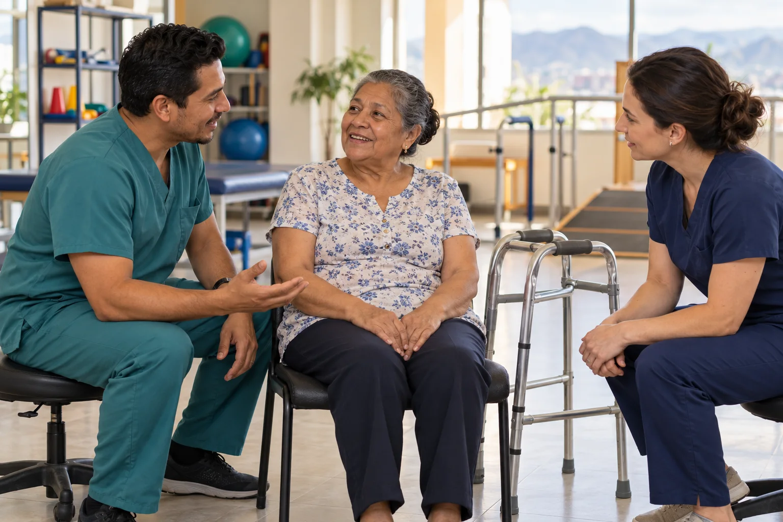 Illustrative rehabilitation team listening to a patient