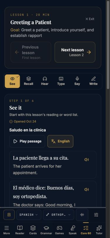 Actual medical Spanish app screen: Greeting a Patient
